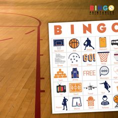 an image of a basketball court with the words bingo on it and various sports related items