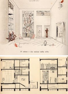 two drawings of the same room in an old house, each with different floor plans