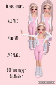 three barbie dolls in pink outfits with text that says, all free non - vip 2nd place code for jacket belialsy