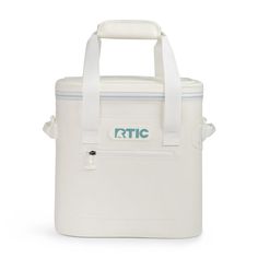 a white cooler bag with the words rttc on it's front and side handles