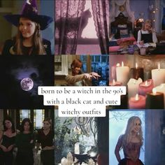 a collage of photos with witches and candles in the background that says, born to be a witch in the 90's with a black car and cute witch outfits