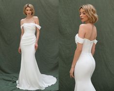 two photos of a woman in white wedding gowns, one wearing off the shoulder dress