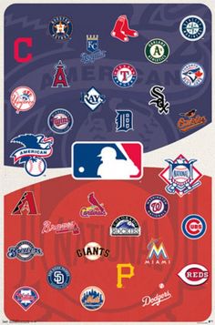 the major league baseball teams are depicted in different colors and sizes on this poster, there is