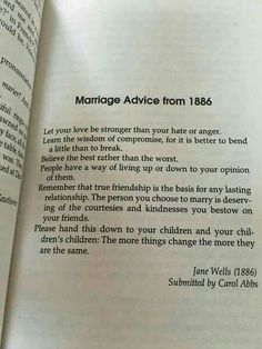 an open book with the text marriage advice from 1876