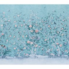 a painting of flowers and birds on a blue background