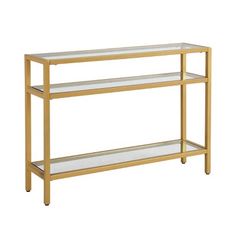 a gold metal and glass shelf with two shelves on each side, against a white background