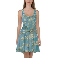 This Van Gogh's Almond Blossom skater dress features a vibrant and colorful print of the famous artwork by Vincent Van Gogh. The dress is made from a comfortable and lightweight fabric that drapes beautifully, creating a flattering silhouette. It has a fitted bodice with a scoop neckline and a full circle skirt that falls just above the knee. The dress is perfect for any casual or dressy occasion, and can be dressed up or down depending on the occasion. Show your love for art and fashion with th Aesthetic Midi Dress, Van Gogh Dress, Print Aesthetic, Almond Blossom, Vintage Floral Dress, Full Circle Skirts, Racerback Dress, Art Dress, Elastic Fabric