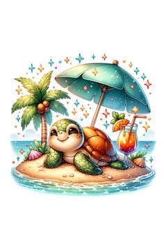 a cartoon turtle on an island with a cocktail and umbrella in the sand by the ocean