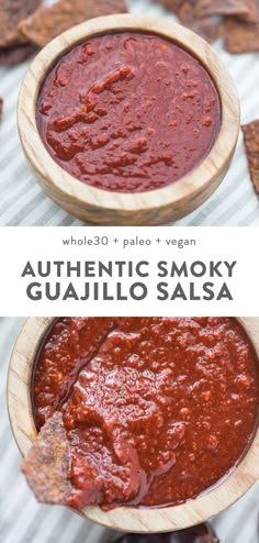 two wooden bowls filled with homemade authentic smoky guacamole salsa