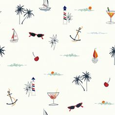 a white wallpaper with various types of items on it and palm trees in the background