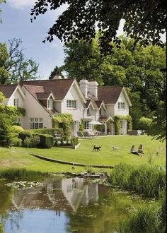 a large white house sitting on top of a lush green field next to a lake