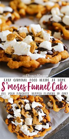 some kind of funnel cake with marshmallows and chocolate chips on top for dessert