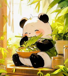 a panda bear eating bamboo from a bowl