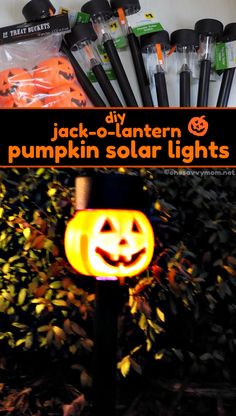 an orange jack - o - lantern and pumpkin solar lights