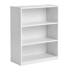 a white bookcase with three shelves on each side and one shelf above the other