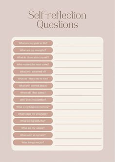 the self reflection question sheet is shown in brown and beige colors, with an image of a