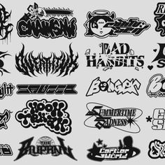 various types of skateboard stickers are shown in black and white, including one with the