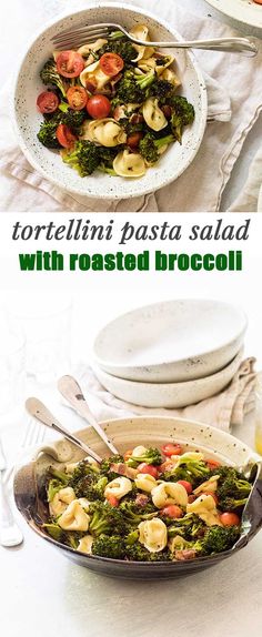 broccoli, tomatoes and other vegetables in a skillet with text overlay that reads tortelli pasta salad with roasted broccoli