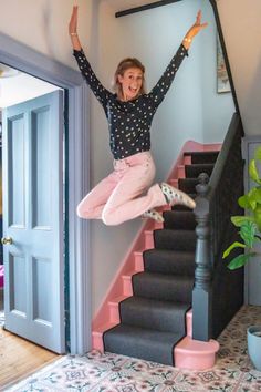 Bold Carpet On Stairs, Pink Carpet Stairs, Tiled Hallway Floor, Stair Runner Victorian Tiles, Black Stair Railing, Exciting Times Ahead, Victorian Villa