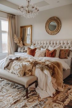 a bedroom with a large bed, chandelier and pillows on the headboard