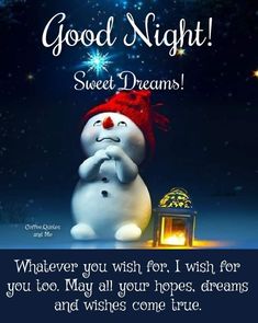 a snowman is sitting in front of a lantern with the words good night sweet dreams