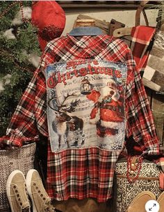 an old fashioned christmas shirt and shoes are on display