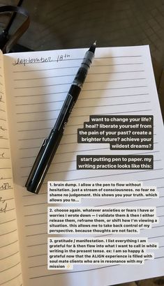 a notepad with writing on it next to a pen