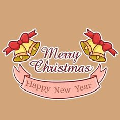 merry christmas and happy new year greeting card with bells, ribbon and bow on brown background