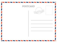 a postcard with an airmail stamp on the front and red, white, and blue envelope