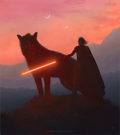 a person holding a light saber standing on top of a grass covered hill next to a wolf