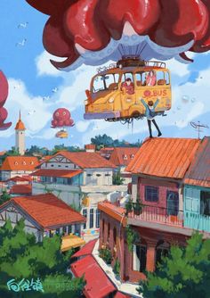 a painting of a yellow bus flying through the air over houses and trees with red clouds