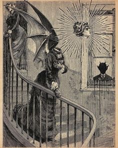 an old drawing of a woman walking down the stairs with a cat on her head