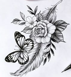 a pencil drawing of a rose and butterfly