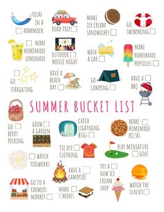 the summer bucket list is shown with pictures and words to describe what's in it