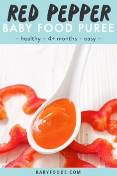 red pepper baby food puree in a spoon with bacon on the side and text overlay