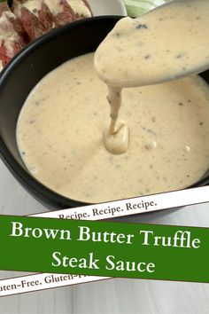 brown butter truffle steak sauce being poured into a black bowl with broccoli in the background