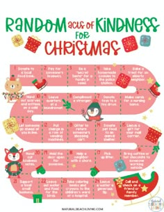 a christmas list with the words random acts of kindness for christmas written in red and green