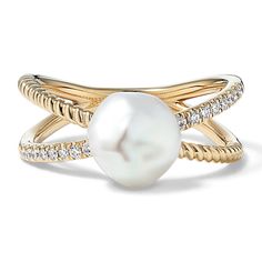 A cultured Keshi freshwater pearl is the star of this beautiful crossover ring. Crafted in warm 14-karat yellow gold  it features one band of natural diamond pavé and another with a beautiful twist pattern. Luxury Stackable Yellow Gold Pearl Ring, Luxury Adjustable Pearl Ring For Anniversary, Pearl Ring Design, Coquette Jewelry, Pearl Rings Vintage, Jewelry Wishlist, Pearl Rings, Gold Pearl Ring, Crossover Ring