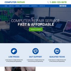 the website for computer repair services is displayed in blue and green colors, with an image of a man working on his laptop