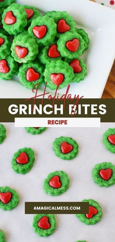 green cookies with red hearts on top and the words holiday crunch bites recipe above them