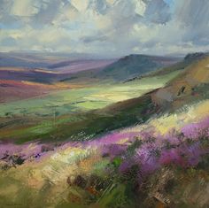 an oil painting of purple flowers on a hill