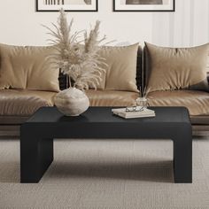 a living room with couches, tables and pictures on the wall above them in black frames