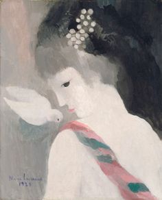 a painting of a woman with a flower in her hair and a tie around her neck