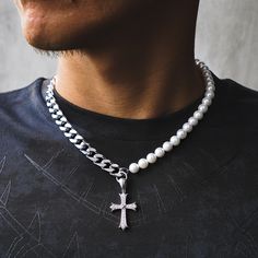 Pearl Cross Necklace, Experimental Design, Urban Jewelry, Cuban Link Necklace, Mens Silver Jewelry, Teeth Jewelry, White Pearl Necklace, Diamond Cross Pendants, Diamond Cross