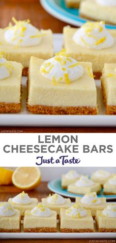 lemon cheesecake bars with whipped cream and lemon zest are on a white platter