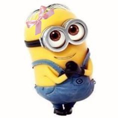 a yellow minion with big eyes and a bow on it's head holding a camera