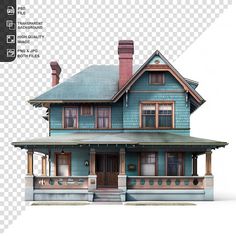 a blue two story house with porches and windows, on a transparent background png clipart