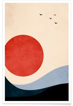 an abstract painting with birds flying over the water and a red sun in the sky