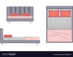 a set of three beds with pillows and blankets on them, one is grey and the other is pink