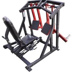 an empty gym machine with red and black seats on the back side, against a white background